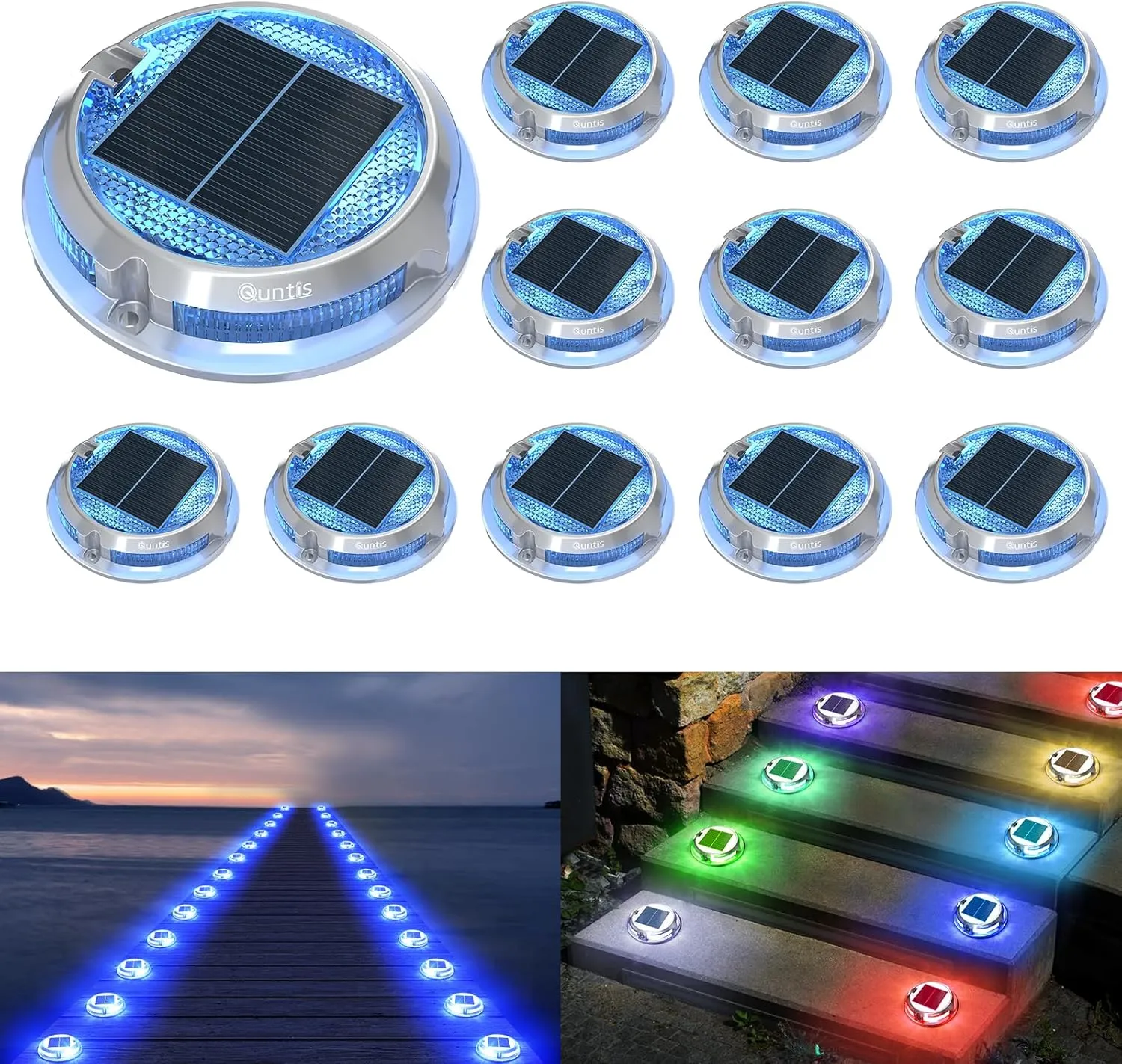 Quntis RGB Solar Deck Lights 12 Pack, 11 Lighting Modes Solar Driveway Lights Outdoor Waterproof IP68, Step Light for Outside, Deck Light for Stair Pathway Walkway