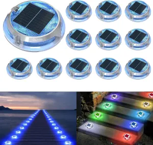Quntis RGB Solar Deck Lights 12 Pack, 11 Lighting Modes Solar Driveway Lights Outdoor Waterproof IP68, Step Light for Outside, Deck Light for Stair Pathway Walkway