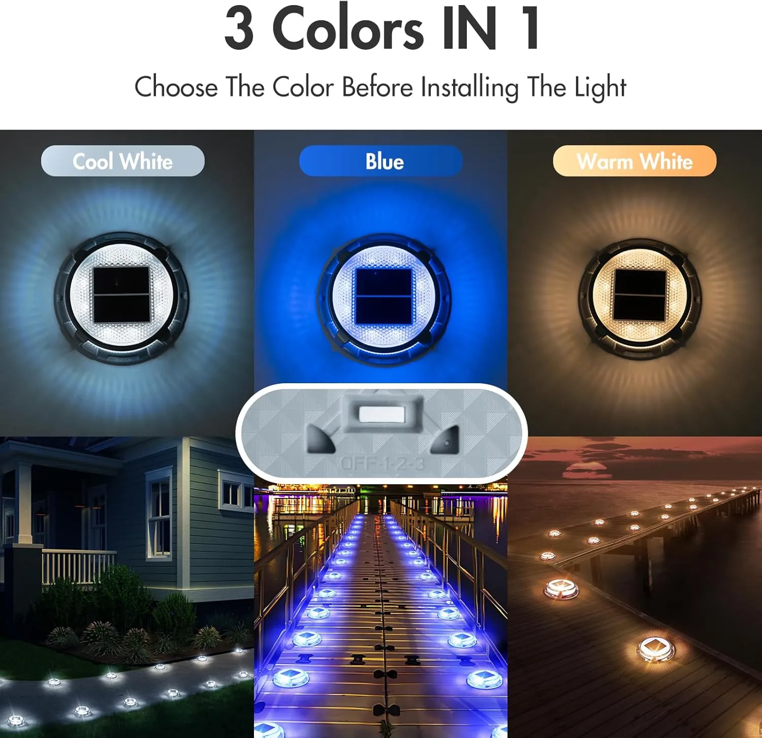 Quntis Solar Deck Lights for Outside, 3 Color Modes Solar Driveway Lights Outdoor IP68 Waterproof, Deck Light for Stair Pathway Walkway Road (Blue/Cool White/Warm White) 8 Pack