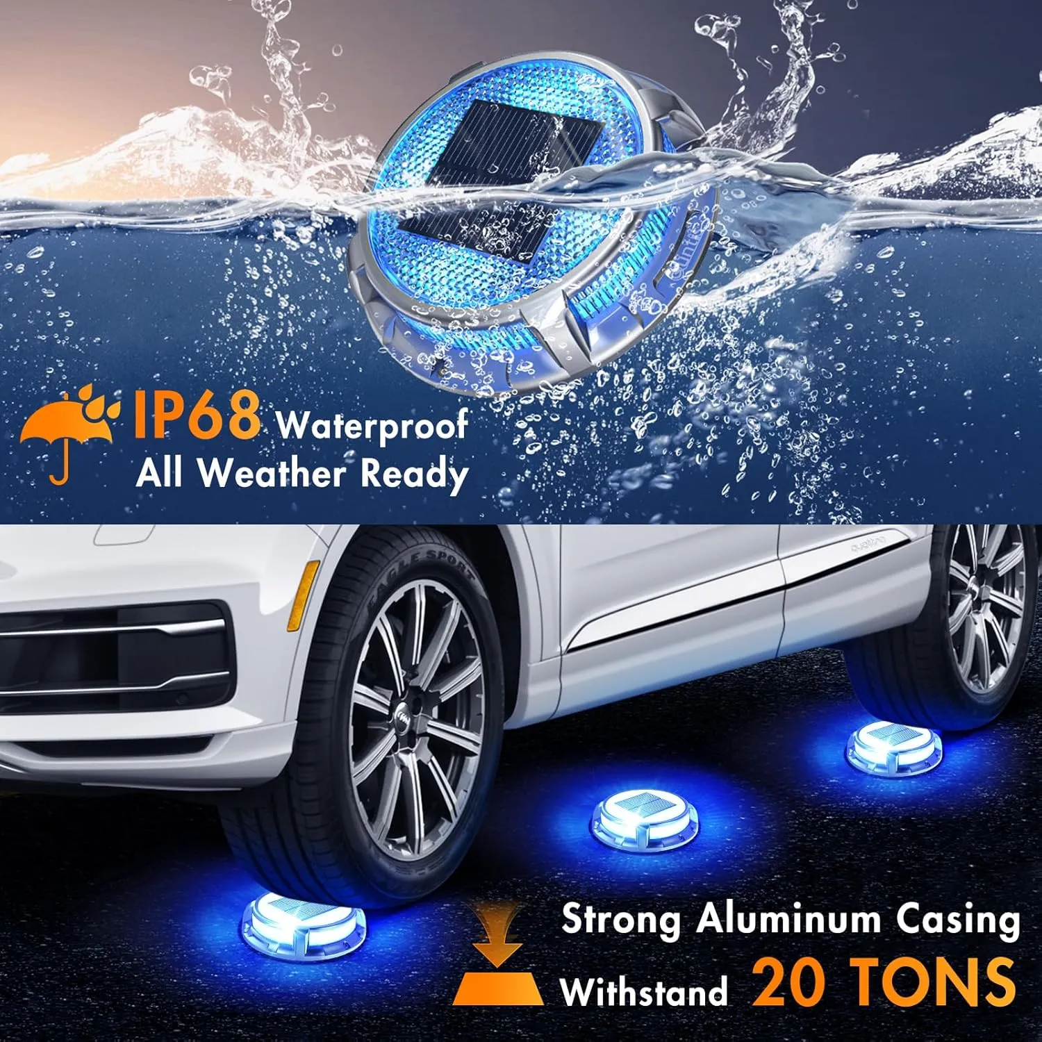 Quntis Solar Deck Lights for Outside, 3 Color Modes Solar Driveway Lights Outdoor IP68 Waterproof, Deck Light for Stair Pathway Walkway Road (Blue/Cool White/Warm White) 8 Pack