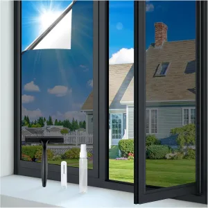 rabbitgoo One Way Window Privacy Film Tint with 3 Tools for Home, Sun Heat UV Blocking Control Reflective Mirror Tint Film See Out Not in Office Door Coverings, Black Silver, 35.4 x 78.7 inches