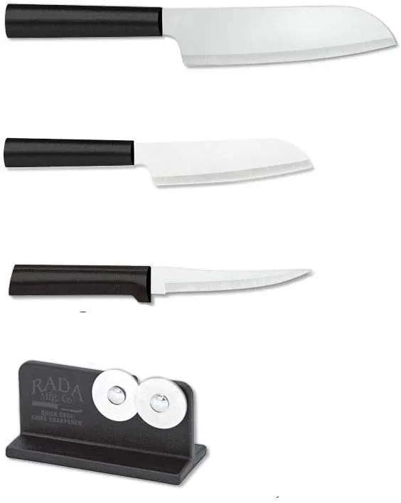 Rada Cutlery 3-Piece Cook's, Cook's Utility, and Super Parer Knives with Quick Edge Sharpener, Black Handles
