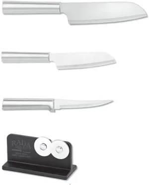 Rada Cutlery 3-Piece Cook's, Cook's Utility, and Super Parer Knives with Quick Edge Sharpener, Silver Handles