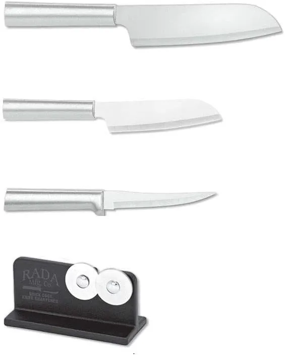 Rada Cutlery 3-Piece Cook's, Cook's Utility, and Super Parer Knives with Quick Edge Sharpener, Silver Handles