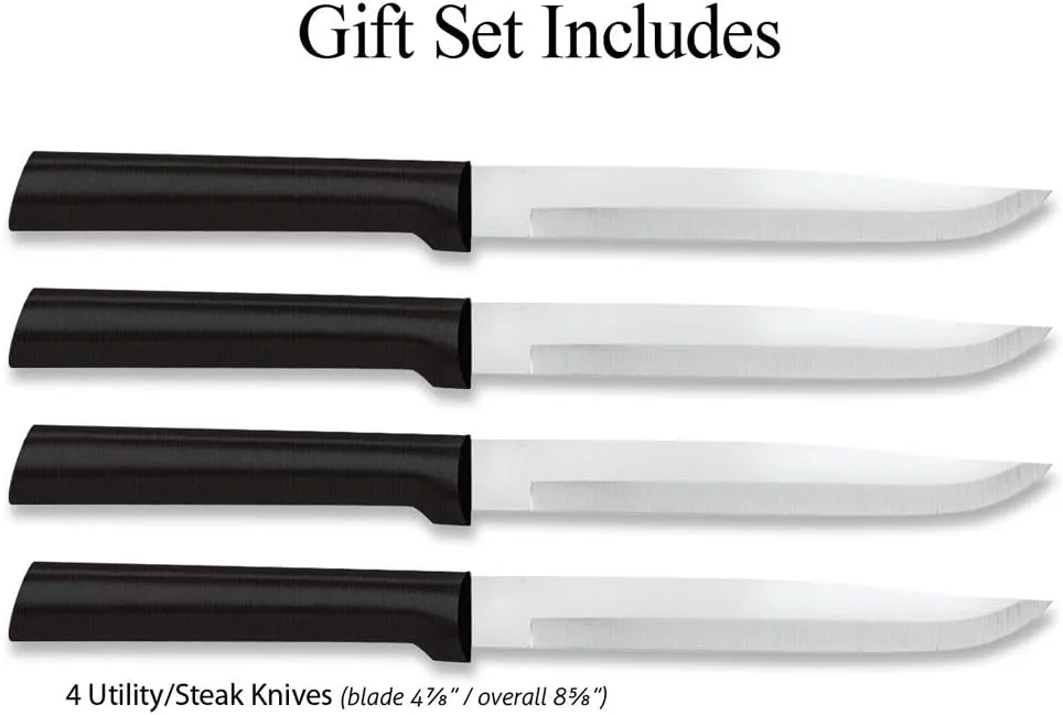 RADA Cutlery 4-Piece Utility Steak Knife Gift Set with Quick Edge Sharpener, Black Handles
