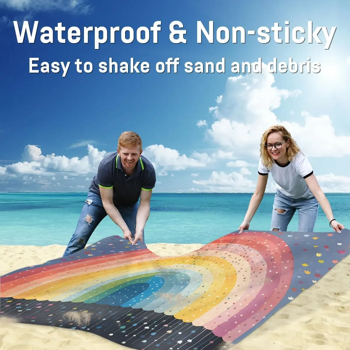 Rainbow Beach Blanket, Sandproof Beach Mat, 68 x 59 Waterproof Quick Drying Sand Free Mat with 4 x Ground Spikes for Outdoor Travel Camping Hiking, Colorful Dots