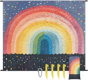 Rainbow Beach Blanket, Sandproof Beach Mat, 68 x 59 Waterproof Quick Drying Sand Free Mat with 4 x Ground Spikes for Outdoor Travel Camping Hiking, Colorful Dots