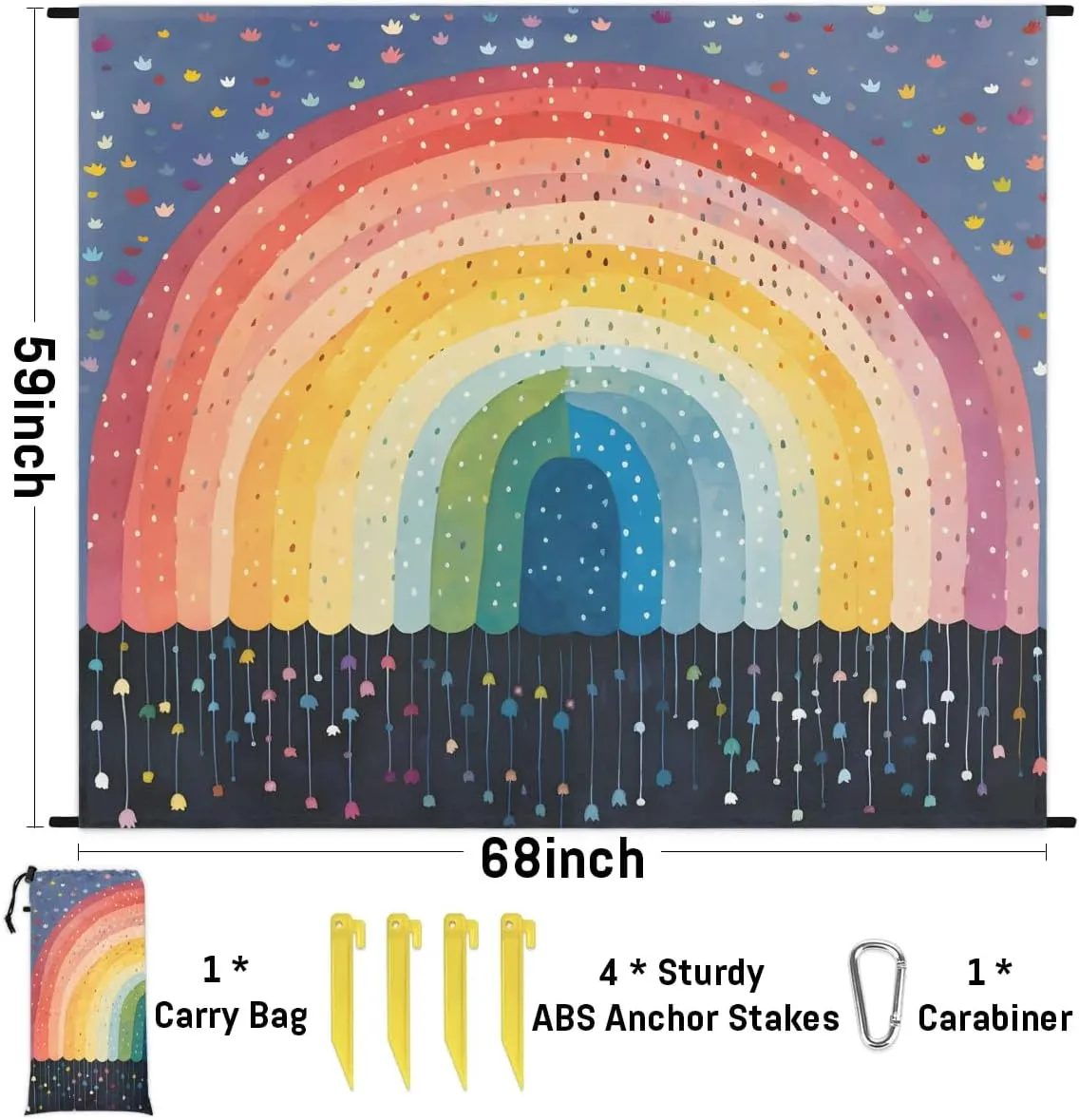 Rainbow Beach Blanket, Sandproof Beach Mat, 68 x 59 Waterproof Quick Drying Sand Free Mat with 4 x Ground Spikes for Outdoor Travel Camping Hiking, Colorful Dots