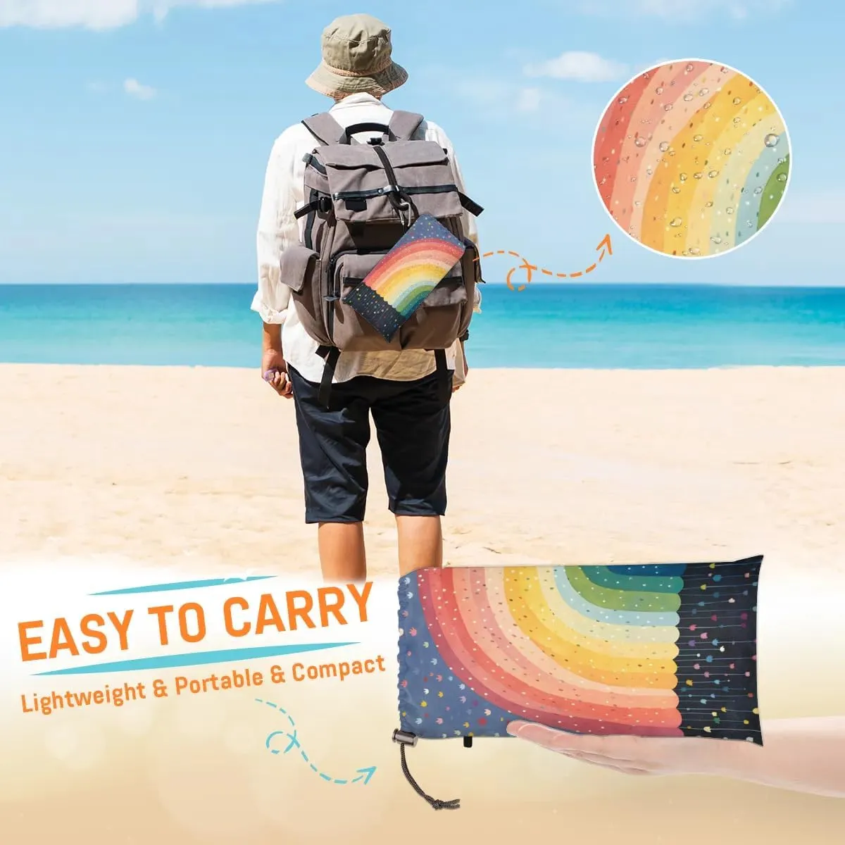 Rainbow Beach Blanket, Sandproof Beach Mat, 68 x 59 Waterproof Quick Drying Sand Free Mat with 4 x Ground Spikes for Outdoor Travel Camping Hiking, Colorful Dots