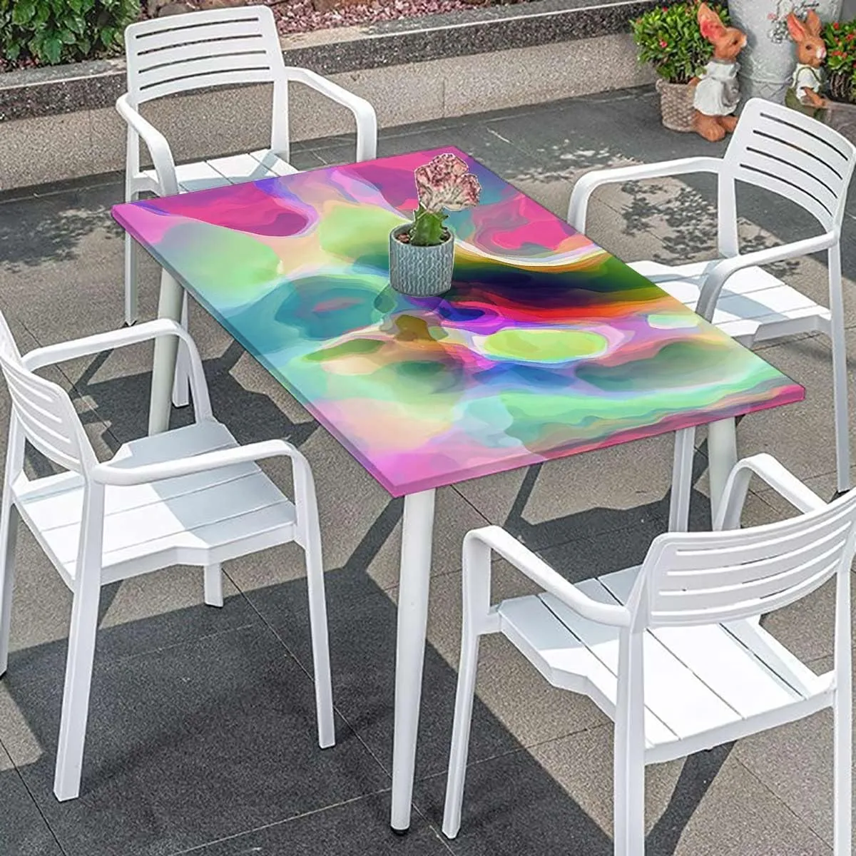 Rainbow Color Elastic Edge Fitted Table Cloth, Multicolored Expressionist Work Washable Spill Proof Table Covers Abstract Fits up 4 Foot Tables