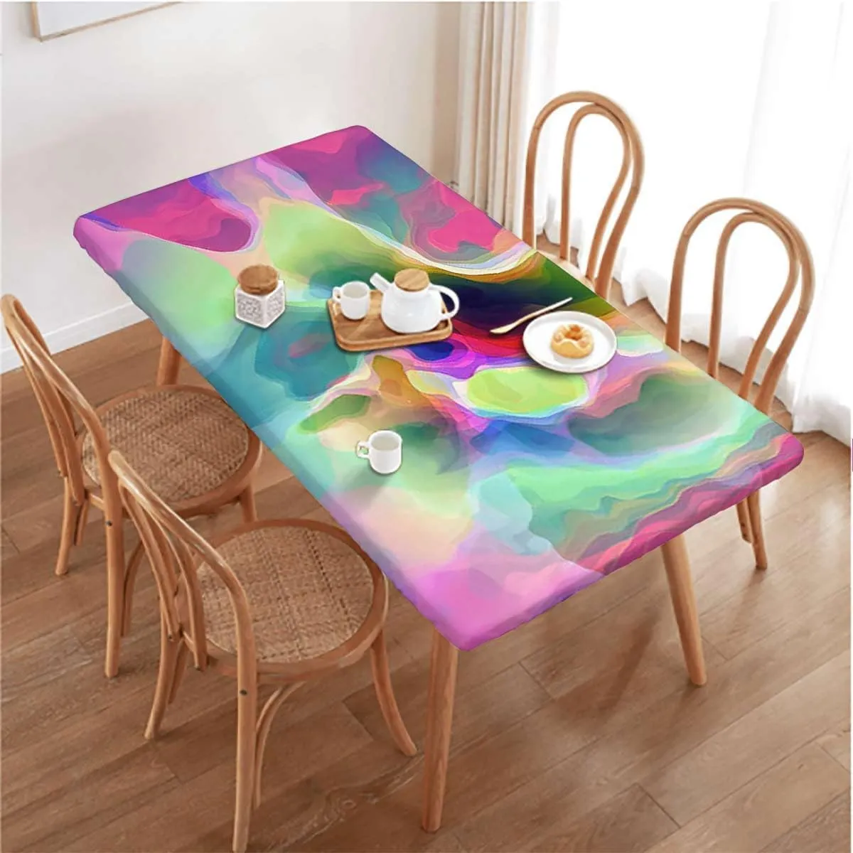 Rainbow Color Elastic Edge Fitted Table Cloth, Multicolored Expressionist Work Washable Spill Proof Table Covers Abstract Fits up 4 Foot Tables