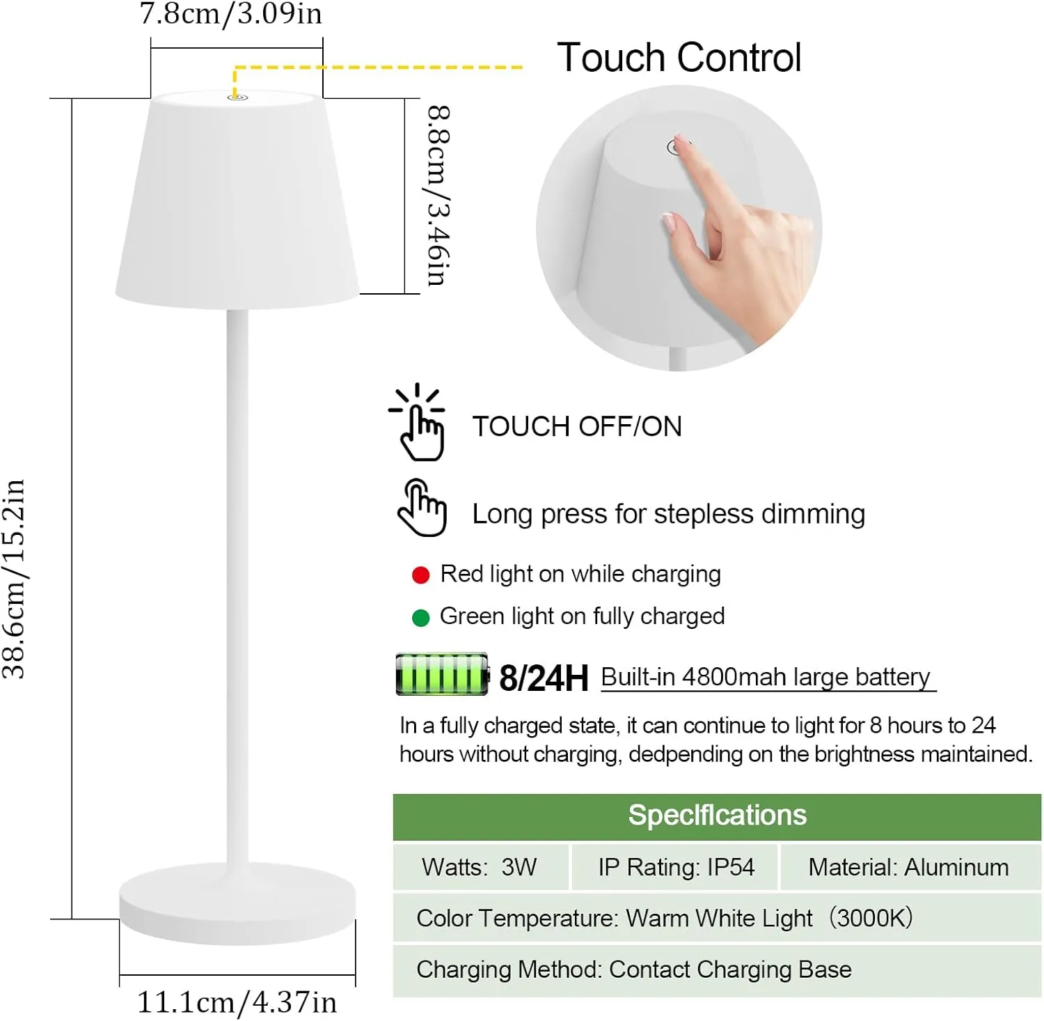 Ralbay IP54 Aluminum Cordless Rechargeable Table Lamp LED Modern Battery Operated 4800mAh Waterproof Portable Stepless Dimmable Desk Lamp for Restaurant/Bedroom/Camping/Outdoor (White)