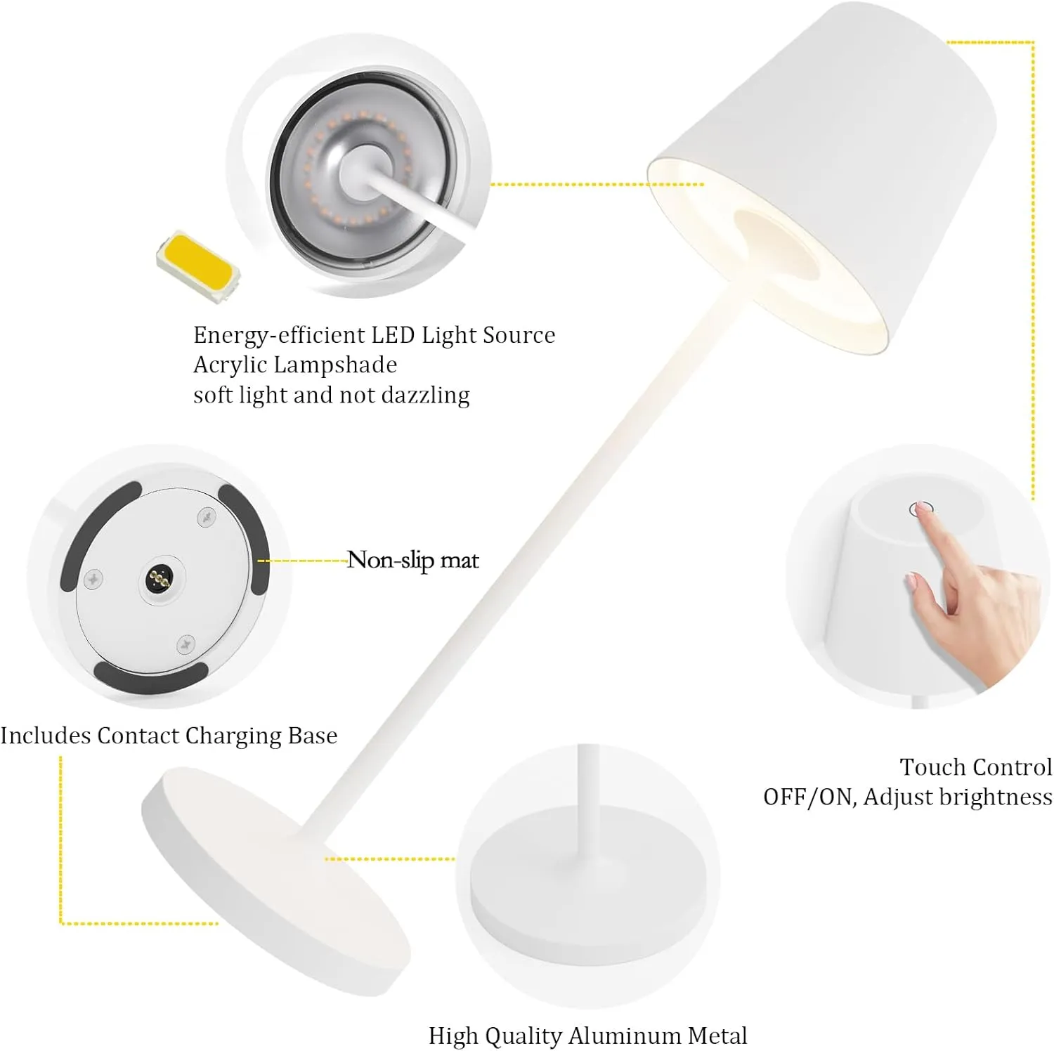 Ralbay IP54 Aluminum Cordless Rechargeable Table Lamp LED Modern Battery Operated 4800mAh Waterproof Portable Stepless Dimmable Desk Lamp for Restaurant/Bedroom/Camping/Outdoor (White)
