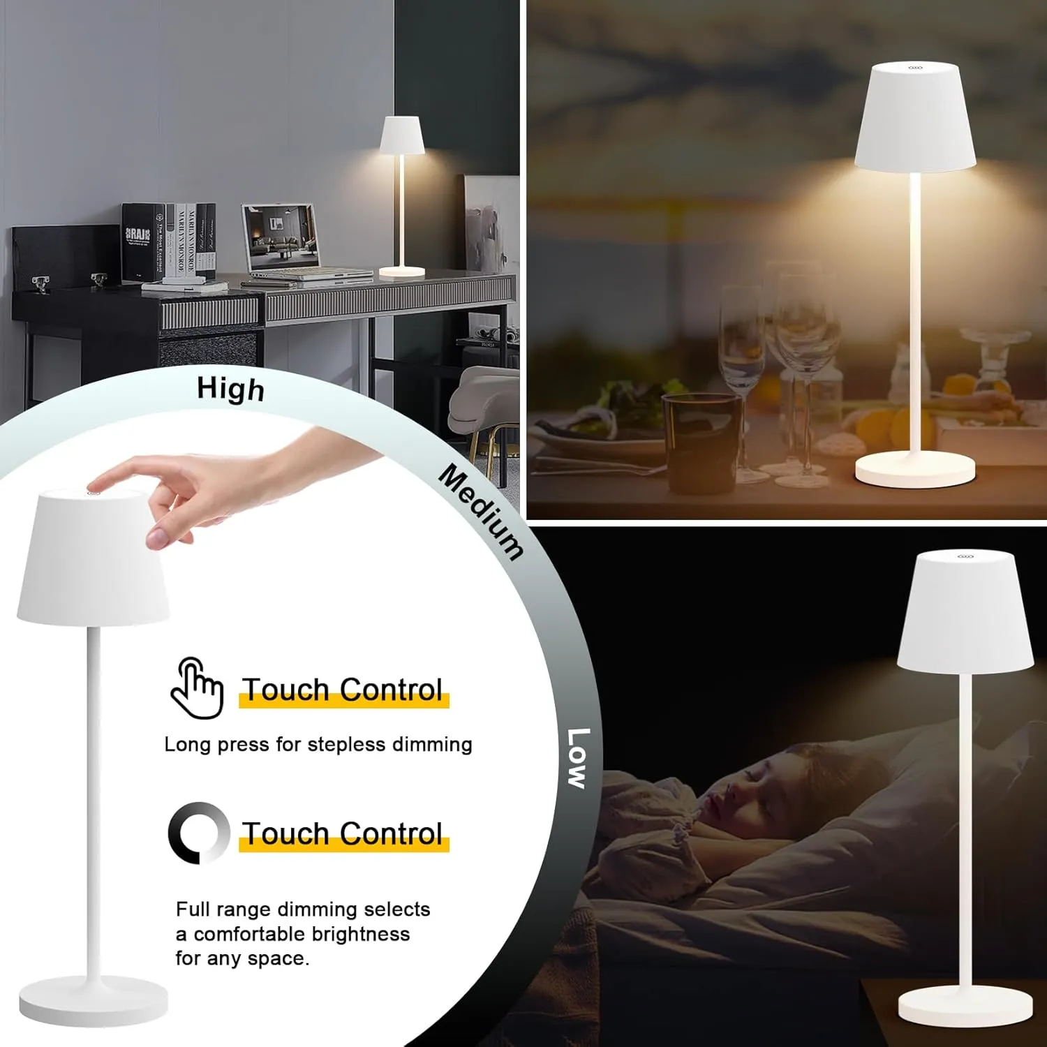 Ralbay IP54 Aluminum Cordless Rechargeable Table Lamp LED Modern Battery Operated 4800mAh Waterproof Portable Stepless Dimmable Desk Lamp for Restaurant/Bedroom/Camping/Outdoor (White)