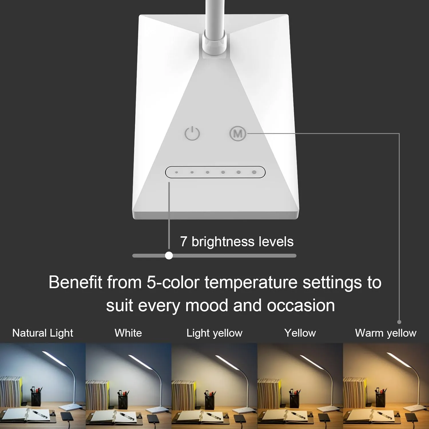 RAOYI LED Desk Lamp, 12W Dimmable Table Lamp Eye-Caring Reading Light with USB Charging Port Touch Control 5 Color Modes 6-Level Brightness Adjustable for Office Home Bedroom (White)