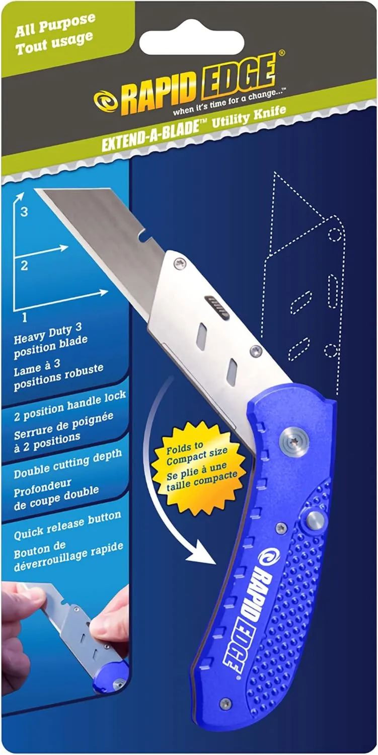 Rapid Edge Extend-A-Blade Utility Knife, Folding Razor Knife with 3 Blade Positions, Double Length Straight-Edge Cutter Blade
