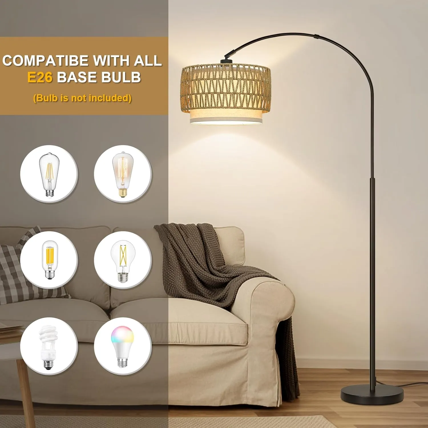 Rattan Floor Lamp, Arc Floor Lamps for Living Room, Farmhouse Standing Lamp with Adjustable Hanging Fabric Shade, Tall Pole Lamp with Foot Switch, Over Couch Arched Reading Light for Bedroom, Office