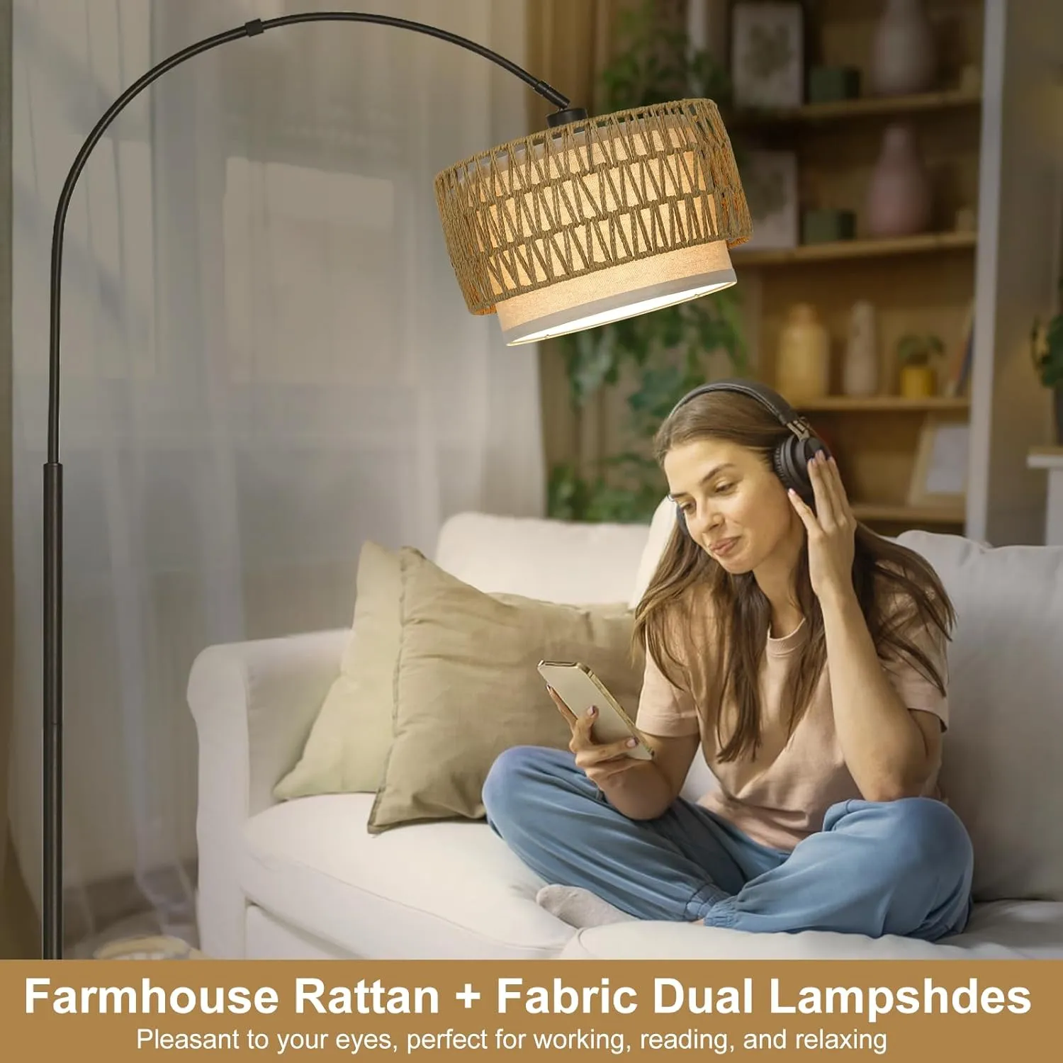 Rattan Floor Lamp, Arc Floor Lamps for Living Room, Farmhouse Standing Lamp with Adjustable Hanging Fabric Shade, Tall Pole Lamp with Foot Switch, Over Couch Arched Reading Light for Bedroom, Office