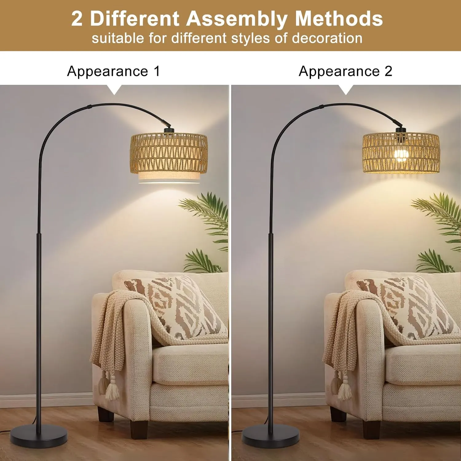 Rattan Floor Lamp, Arc Floor Lamps for Living Room, Farmhouse Standing Lamp with Adjustable Hanging Fabric Shade, Tall Pole Lamp with Foot Switch, Over Couch Arched Reading Light for Bedroom, Office