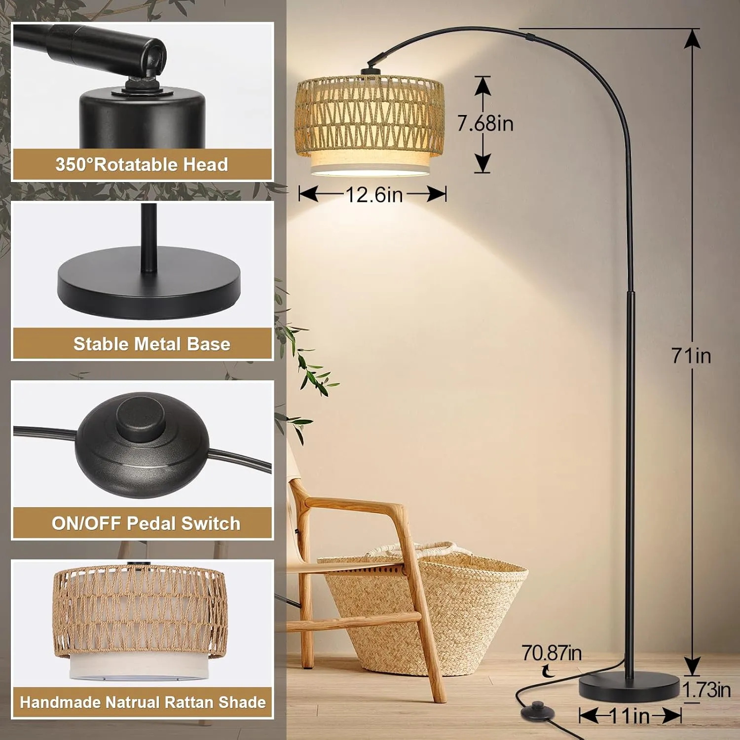 Rattan Floor Lamp, Arc Floor Lamps for Living Room, Farmhouse Standing Lamp with Adjustable Hanging Fabric Shade, Tall Pole Lamp with Foot Switch, Over Couch Arched Reading Light for Bedroom, Office