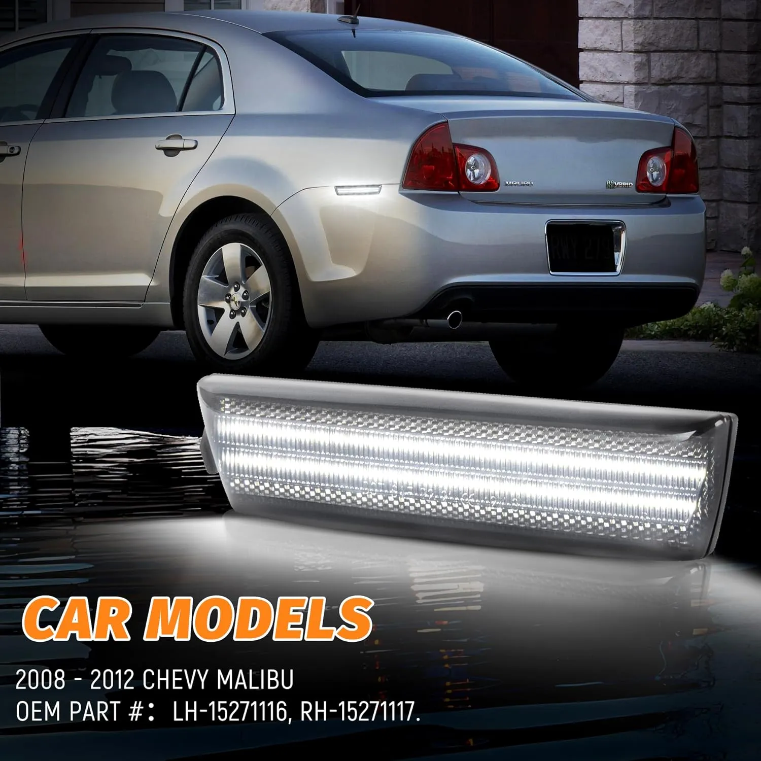 Rear LED Side Marker Lights - Compatible with 2008-2012 Chevy Malibu, Smoked & White LED Blinker Lamps