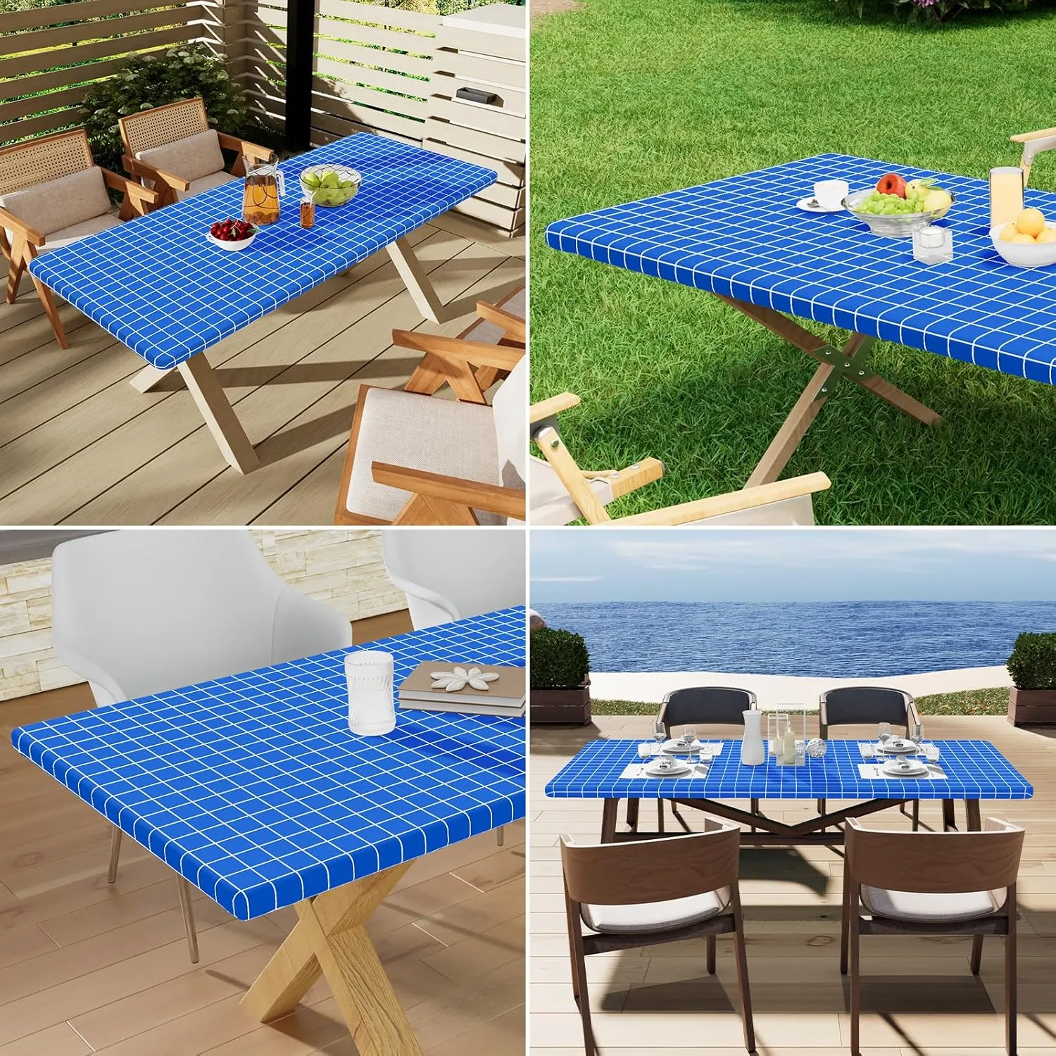 Rectangle Vinyl Table Cloth 30x72, Waterproof Elastic Fitted Tablecloth with Flannel Backing, Plastic Table Cover for Picnic, Camping, Outdoor, Blue