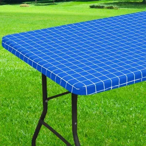 Rectangle Vinyl Table Cloth 30x72, Waterproof Elastic Fitted Tablecloth with Flannel Backing, Plastic Table Cover for Picnic, Camping, Outdoor, Blue