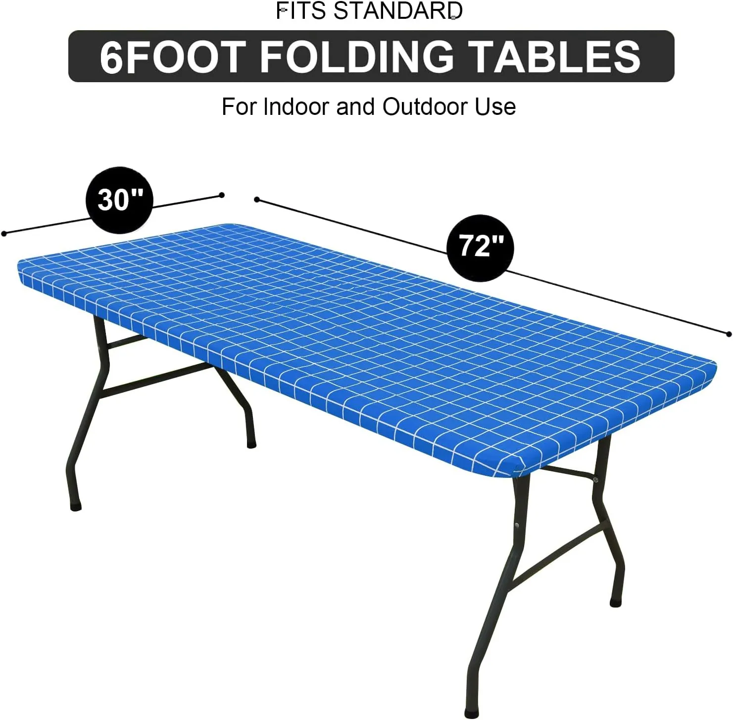 Rectangle Vinyl Table Cloth 30x72, Waterproof Elastic Fitted Tablecloth with Flannel Backing, Plastic Table Cover for Picnic, Camping, Outdoor, Blue