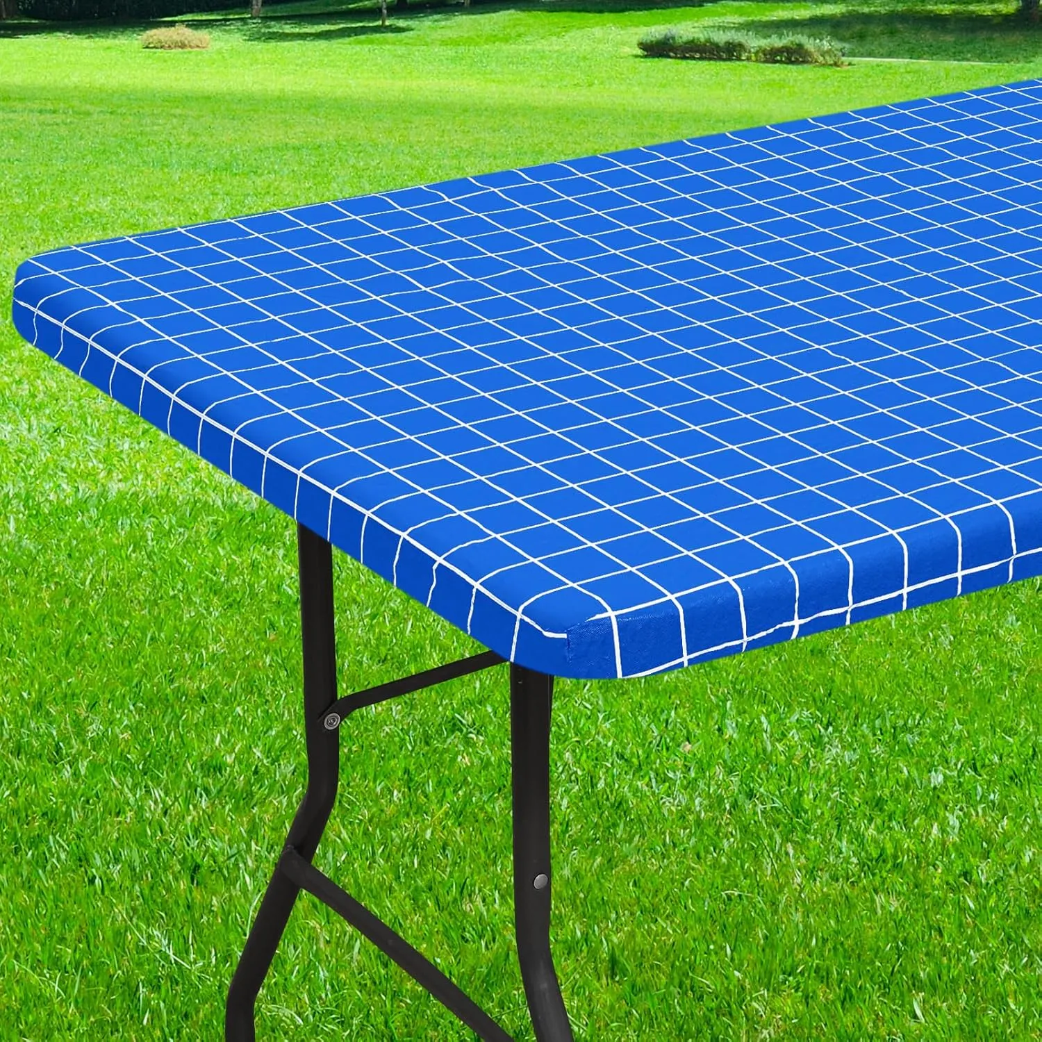 Rectangle Vinyl Table Cloth 30x72, Waterproof Elastic Fitted Tablecloth with Flannel Backing, Plastic Table Cover for Picnic, Camping, Outdoor, Blue