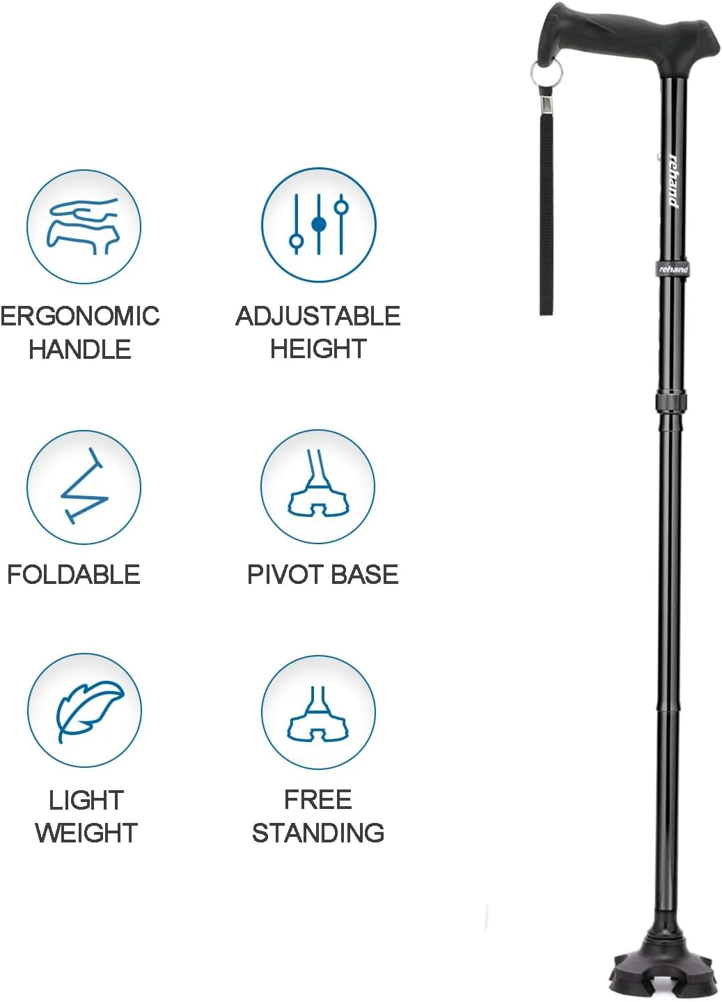 REHAND Walking Cane for Men & Women - Foldable, Adjustable, Lightweight, Self Standing Pivot Walking Cane, Soft Handle Grip, with Travel Bag, Walking Sticks for Seniors & Adults