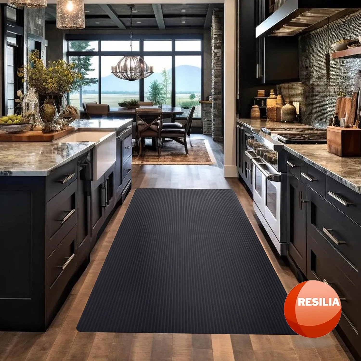 RESILIA Black Plastic Floor Runner - Embossed Wide Rib Waterproof Vinyl, Heavy Duty Protector Mat for Indoor Hardwood, Hard Floors, Garage, Entryway, Kitchen, & Outdoor Use, 27” x 6’, Made in the USA