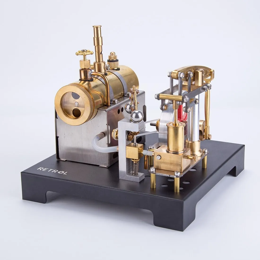 Retro Steam Engine Model, 84PCS DIY Assemble SE-01 Full Metal Stationary Beam Steam Engine Model Kit with Horizontal Boiler for Physical Science Experiment Display