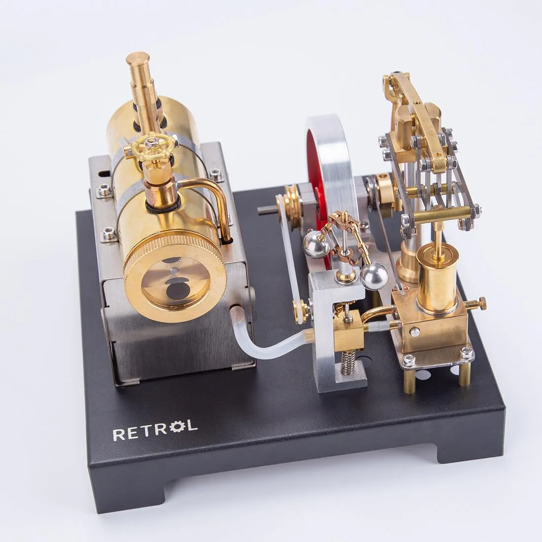 Retro Steam Engine Model, 84PCS DIY Assemble SE-01 Full Metal Stationary Beam Steam Engine Model Kit with Horizontal Boiler for Physical Science Experiment Display