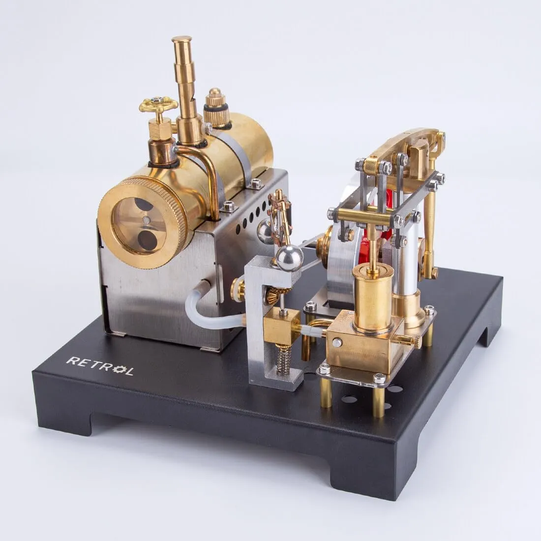 Retro Steam Engine Model, 84PCS DIY Assemble SE-01 Full Metal Stationary Beam Steam Engine Model Kit with Horizontal Boiler for Physical Science Experiment Display