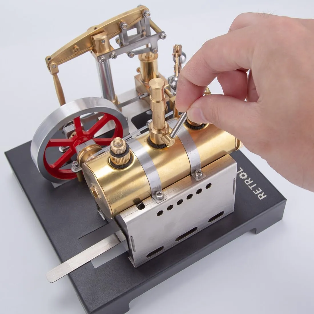 Retro Steam Engine Model, 84PCS DIY Assemble SE-01 Full Metal Stationary Beam Steam Engine Model Kit with Horizontal Boiler for Physical Science Experiment Display