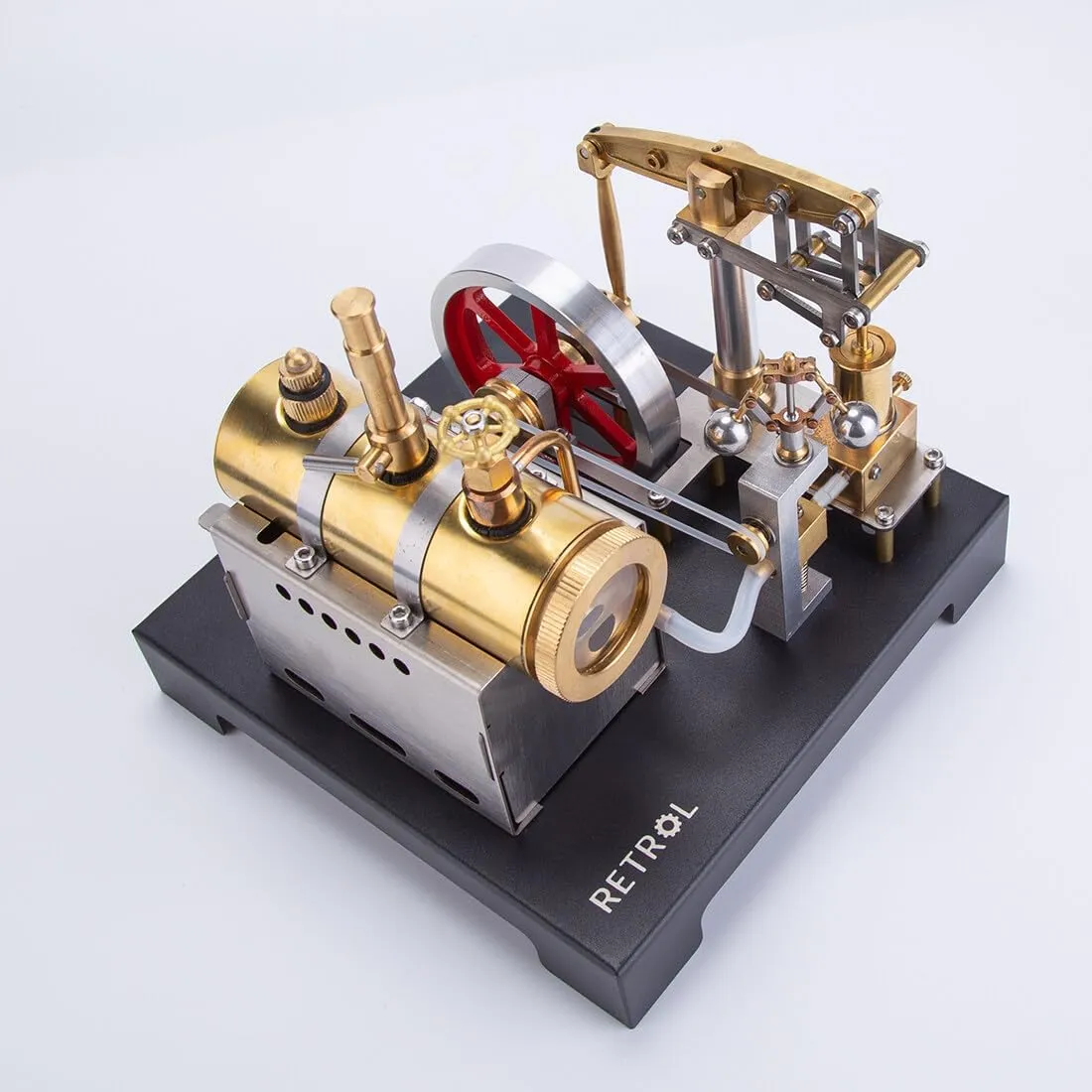Retro Steam Engine Model, 84PCS DIY Assemble SE-01 Full Metal Stationary Beam Steam Engine Model Kit with Horizontal Boiler for Physical Science Experiment Display
