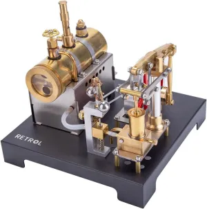 Retro Steam Engine Model, 84PCS DIY Assemble SE-01 Full Metal Stationary Beam Steam Engine Model Kit with Horizontal Boiler for Physical Science Experiment Display