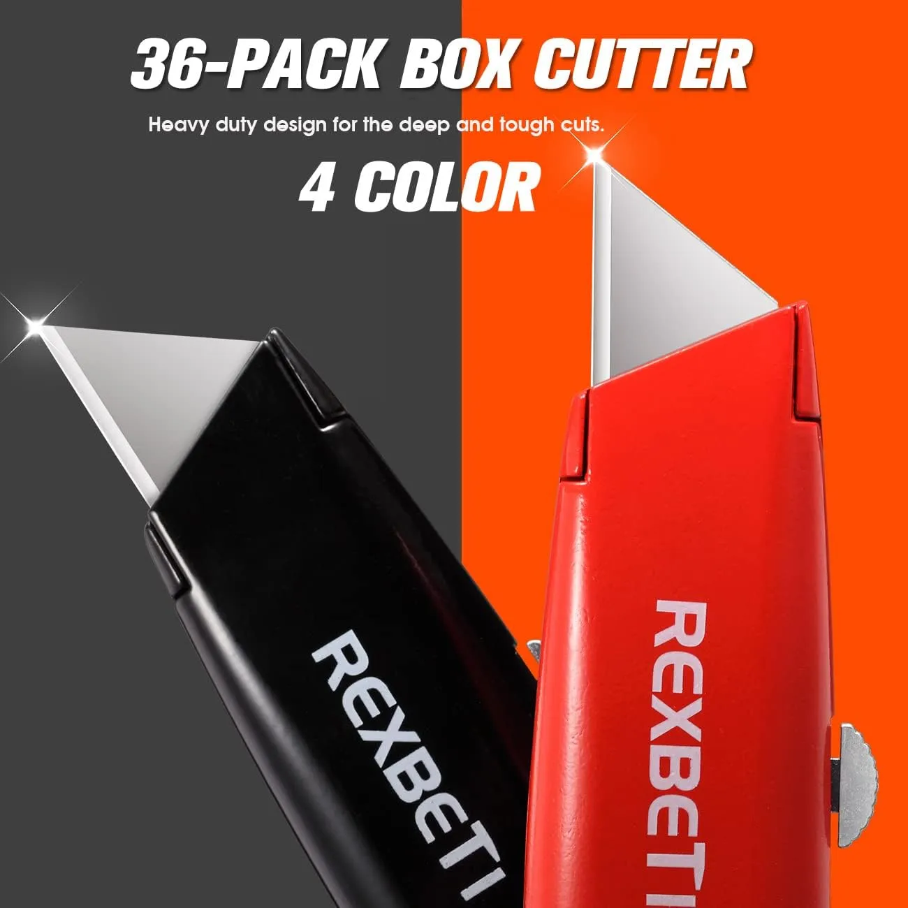 REXBETI 36 Pack Utility Knife Retractable Box Cutter, 4 Color Heavy Duty Aluminum Shell Knife Sets with Extra 30pc SK5 Blades for Cartons, Cardboard and Boxes