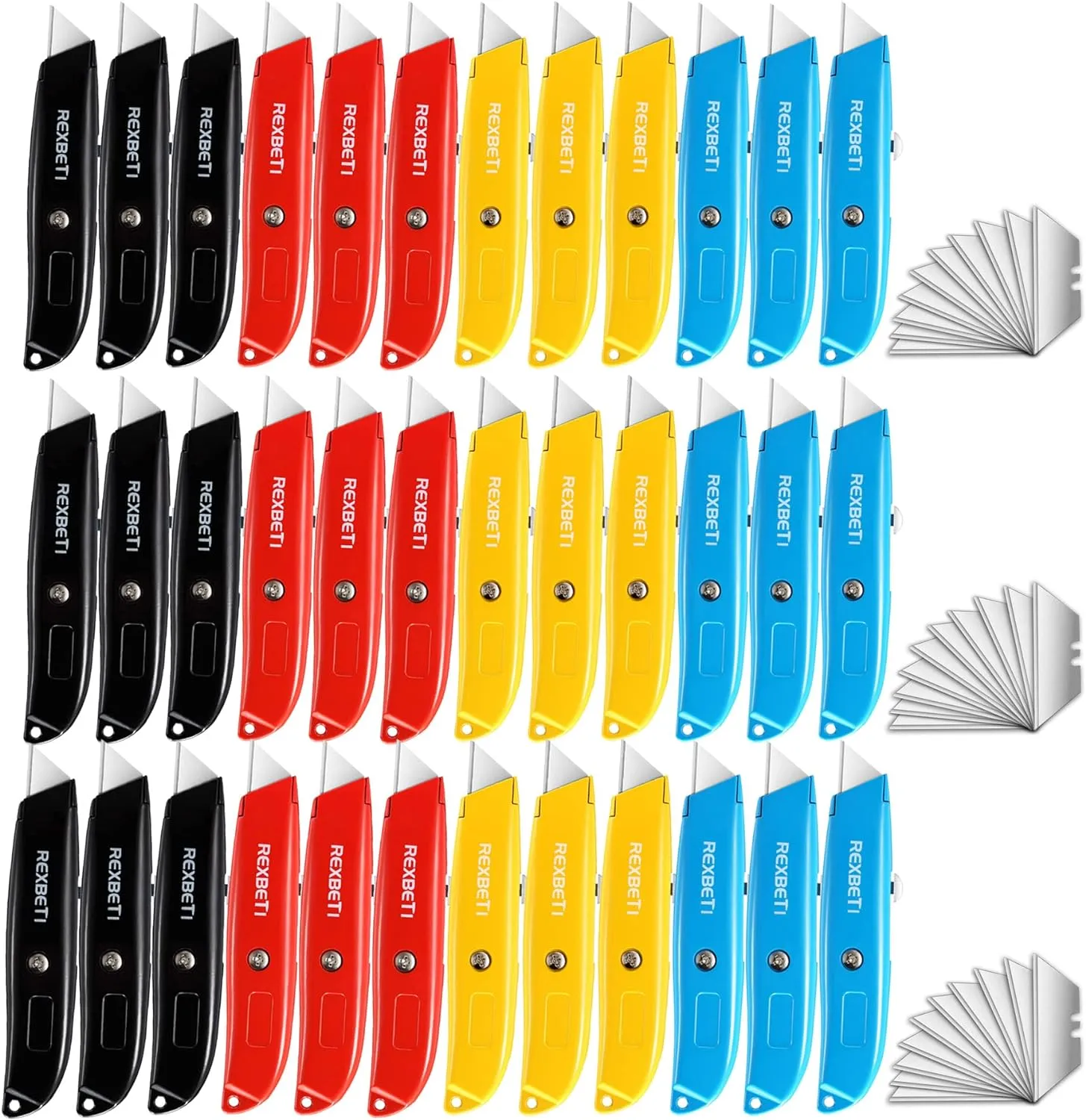 REXBETI 36 Pack Utility Knife Retractable Box Cutter, 4 Color Heavy Duty Aluminum Shell Knife Sets with Extra 30pc SK5 Blades for Cartons, Cardboard and Boxes