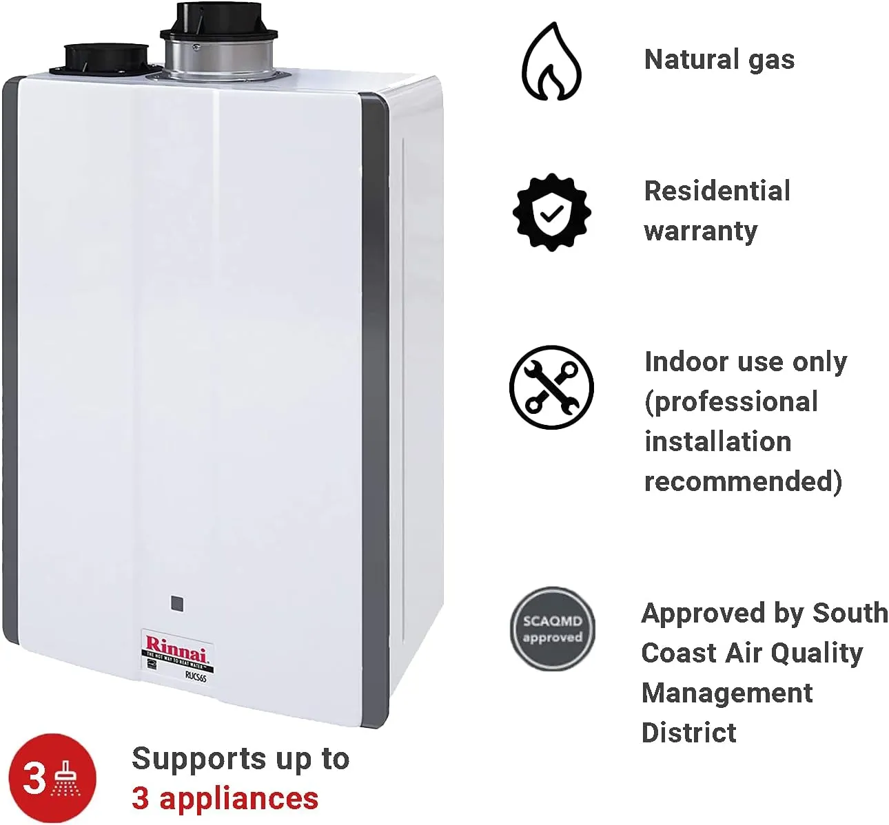 Rinnai RUCS65IN Tankless Hot Water Heater, 6.5 GPM, Natural Gas, Indoor Installation