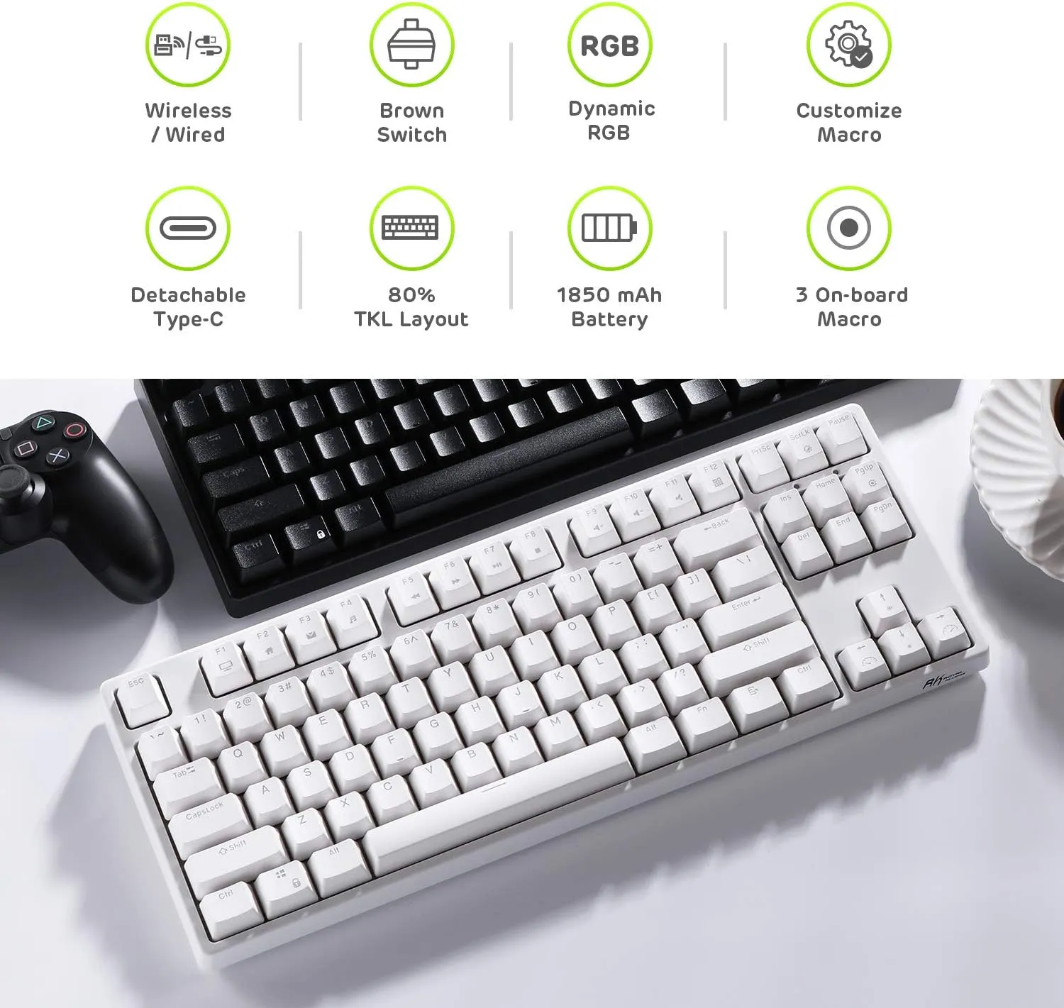 RK ROYAL KLUDGE Sink87G Wired/Wireless TKL Mechanical Gaming Keyboard, No Numbpad Compact 2.4G RGB Wireless Keyboard (White)