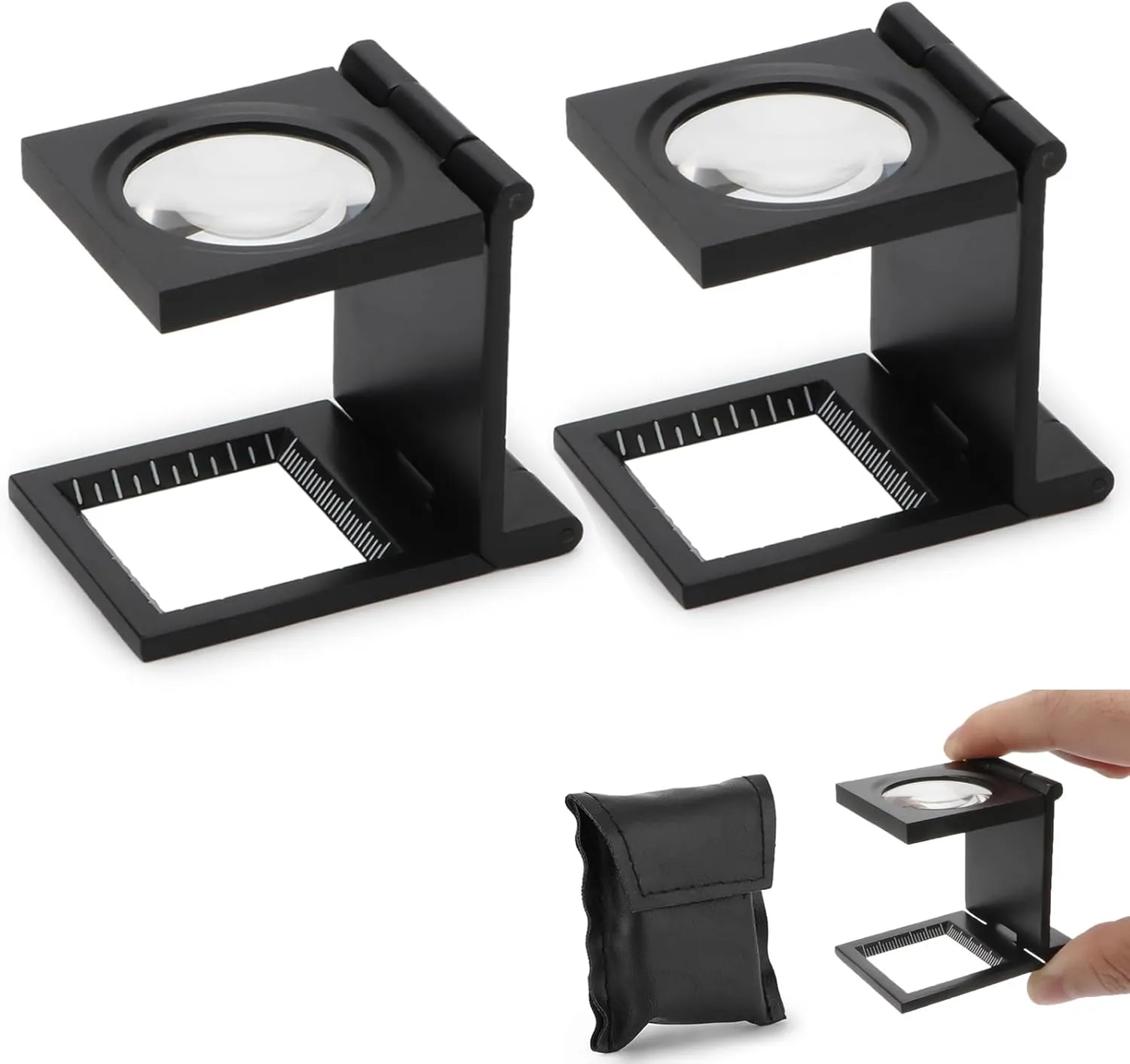 Rongon 10x 28mm Mini Three Folding Magnifying Glasses Portable Zinc Alloy Loupe Magnifier 10X Magnifying Lens with Scale for Coin Textile Jewelry Collection Repair (2Pcs Black)