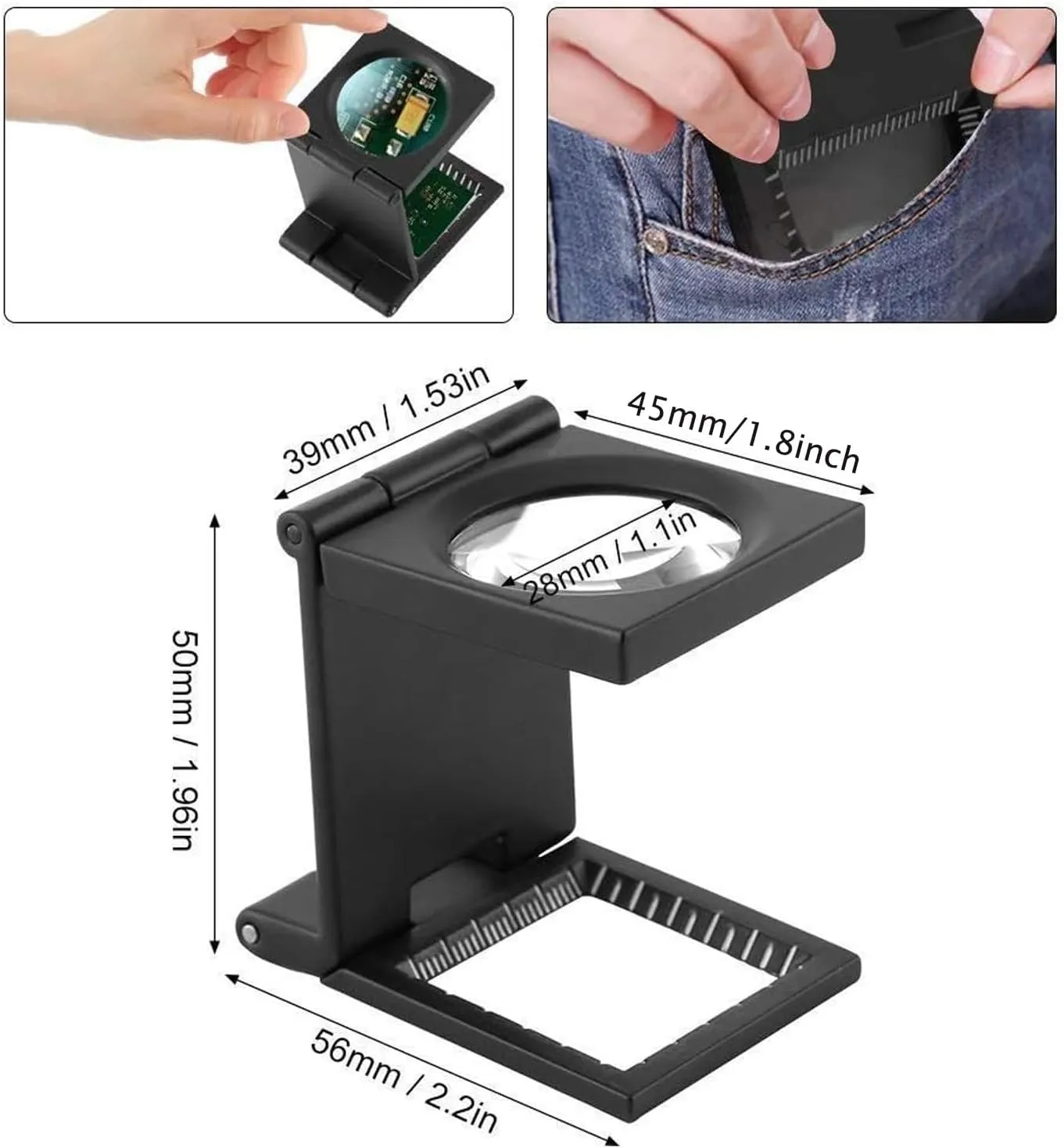Rongon 10x 28mm Mini Three Folding Magnifying Glasses Portable Zinc Alloy Loupe Magnifier 10X Magnifying Lens with Scale for Coin Textile Jewelry Collection Repair (2Pcs Black)