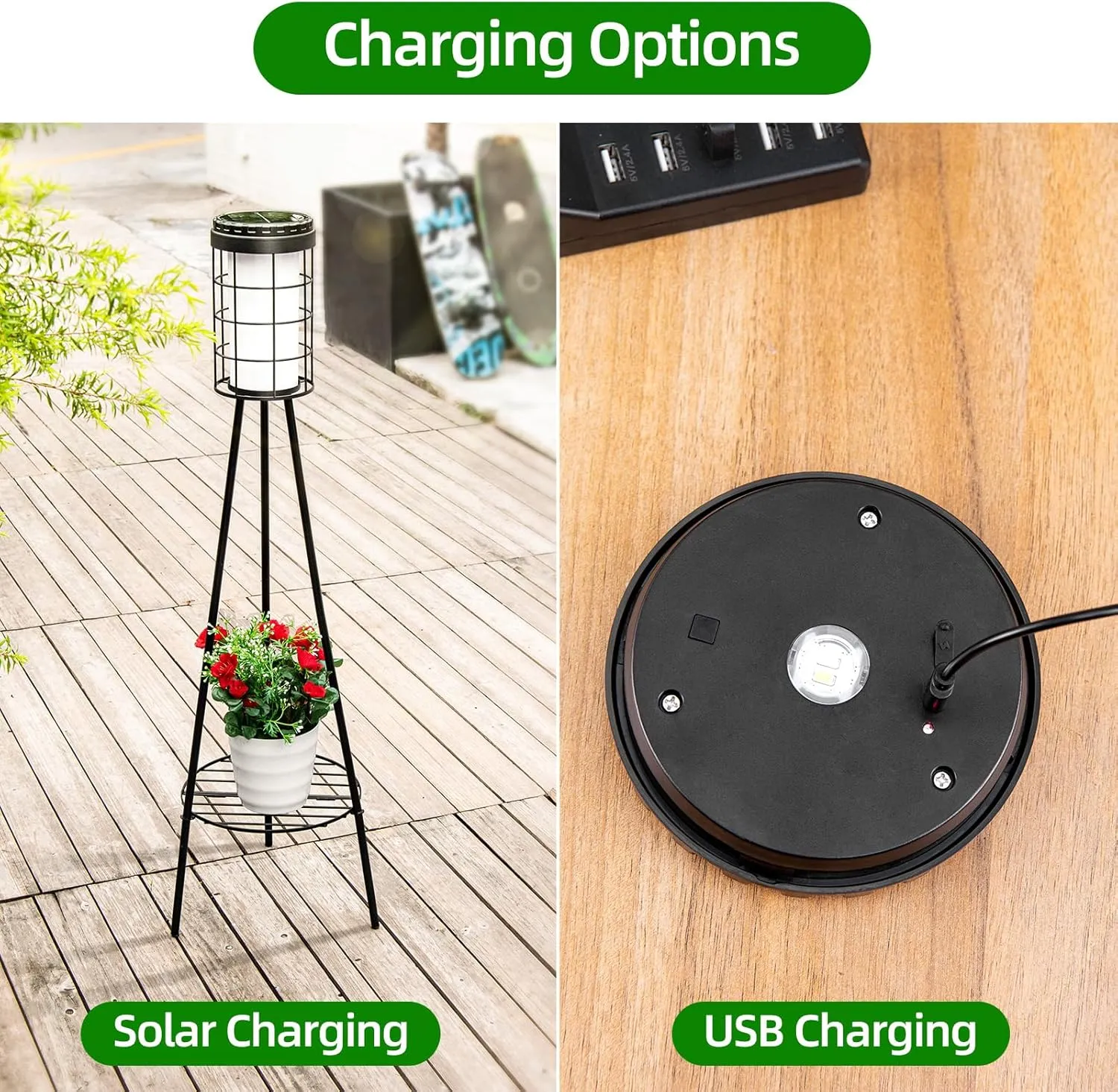 ROSHWEY Outdoor Patio Decor Lamps - 2 Pack Solar Lights with Metal Plant Stand Rechargeable Floor Lamp with USB Charging Waterproof Flower Shelf Lights for Porch Garden Deck Yard