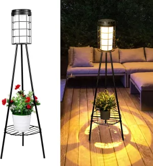 ROSHWEY Outdoor Patio Decor Lamps - 2 Pack Solar Lights with Metal Plant Stand Rechargeable Floor Lamp with USB Charging Waterproof Flower Shelf Lights for Porch Garden Deck Yard