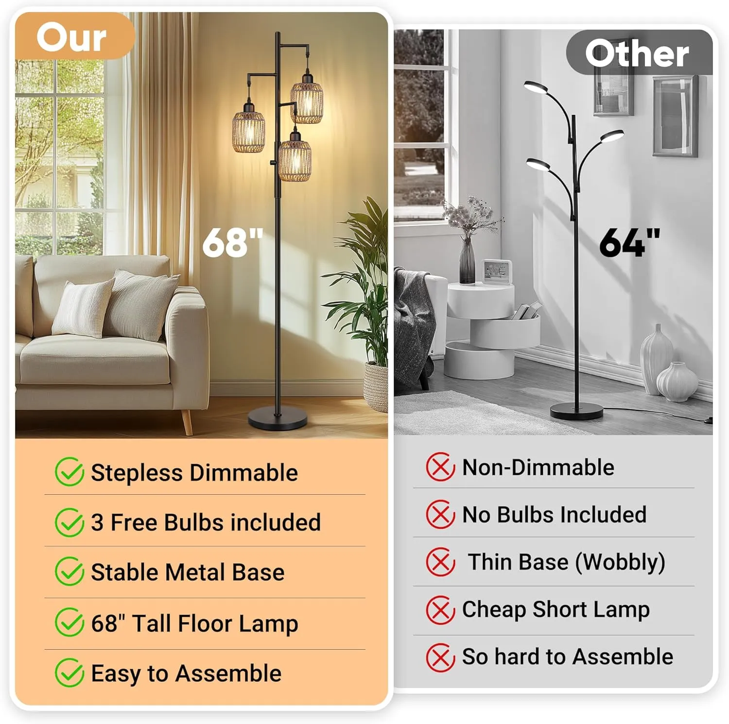 ROTTOGOON Dimmable Boho Floor Lamp - 3 Light Farmhouse Rattan Floor Lamp for Living Room, Industrial Tree Floor Lamps with 3 X 6W LED Bulbs, Rustic Standing Tall Lamp for Bedroom, 68", Black   Gray