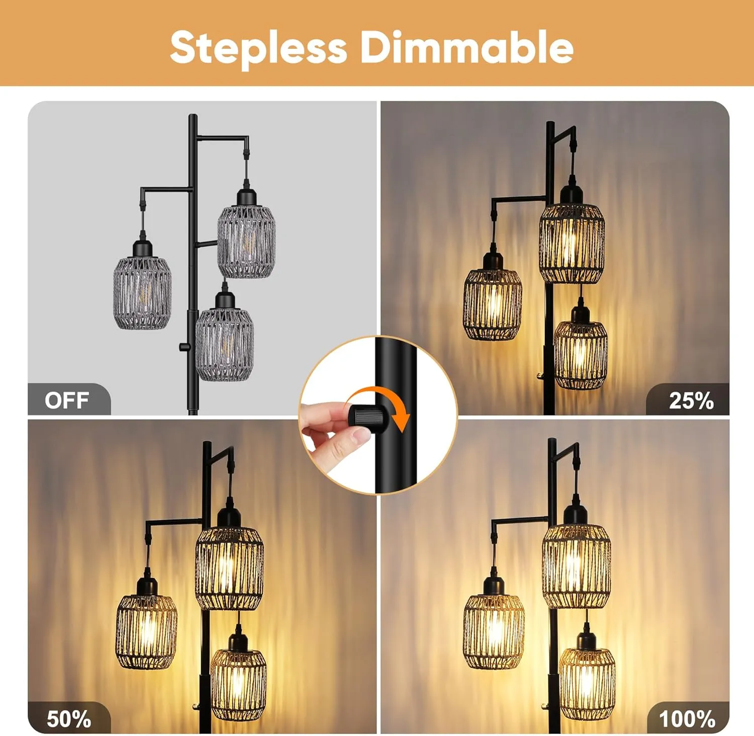 ROTTOGOON Dimmable Boho Floor Lamp - 3 Light Farmhouse Rattan Floor Lamp for Living Room, Industrial Tree Floor Lamps with 3 X 6W LED Bulbs, Rustic Standing Tall Lamp for Bedroom, 68", Black   Gray
