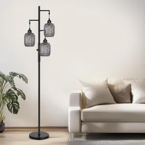 ROTTOGOON Dimmable Boho Floor Lamp - 3 Light Farmhouse Rattan Floor Lamp for Living Room, Industrial Tree Floor Lamps with 3 X 6W LED Bulbs, Rustic Standing Tall Lamp for Bedroom, 68", Black   Gray