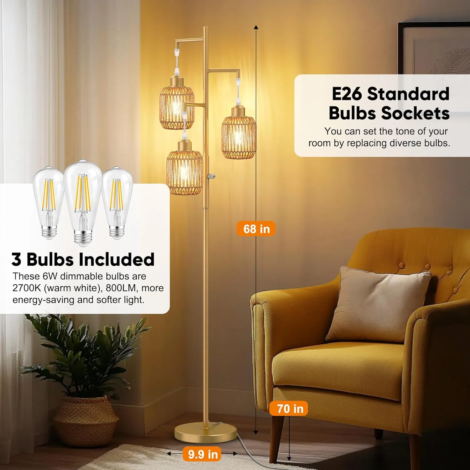 ROTTOGOON Dimmable Boho Floor Lamp - 3 Light Farmhouse Rattan Floor Lamp for Living Room, Industrial Tree Floor Lamps with 3 X 6W LED Bulbs, Rustic Standing Tall Lamp for Bedroom, 68", Gold