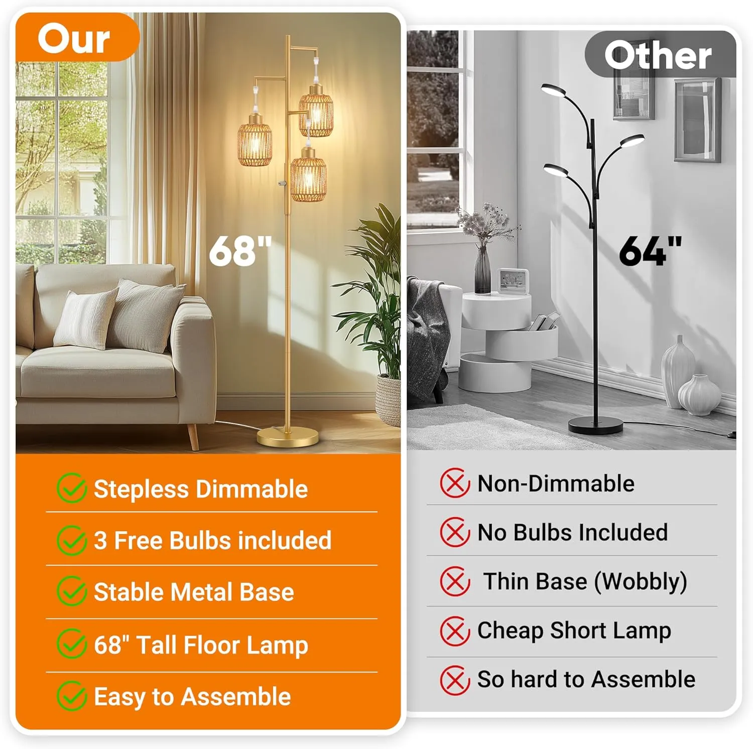 ROTTOGOON Dimmable Boho Floor Lamp - 3 Light Farmhouse Rattan Floor Lamp for Living Room, Industrial Tree Floor Lamps with 3 X 6W LED Bulbs, Rustic Standing Tall Lamp for Bedroom, 68", Gold